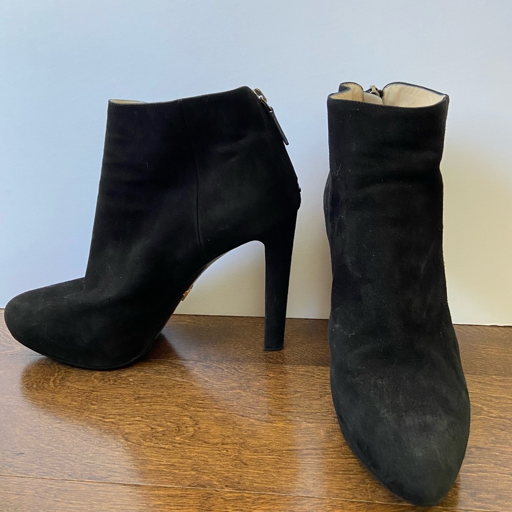 PRADA HEELED BOOTIES SUEDE Size 39 or 9 US Black 5 inch heel
